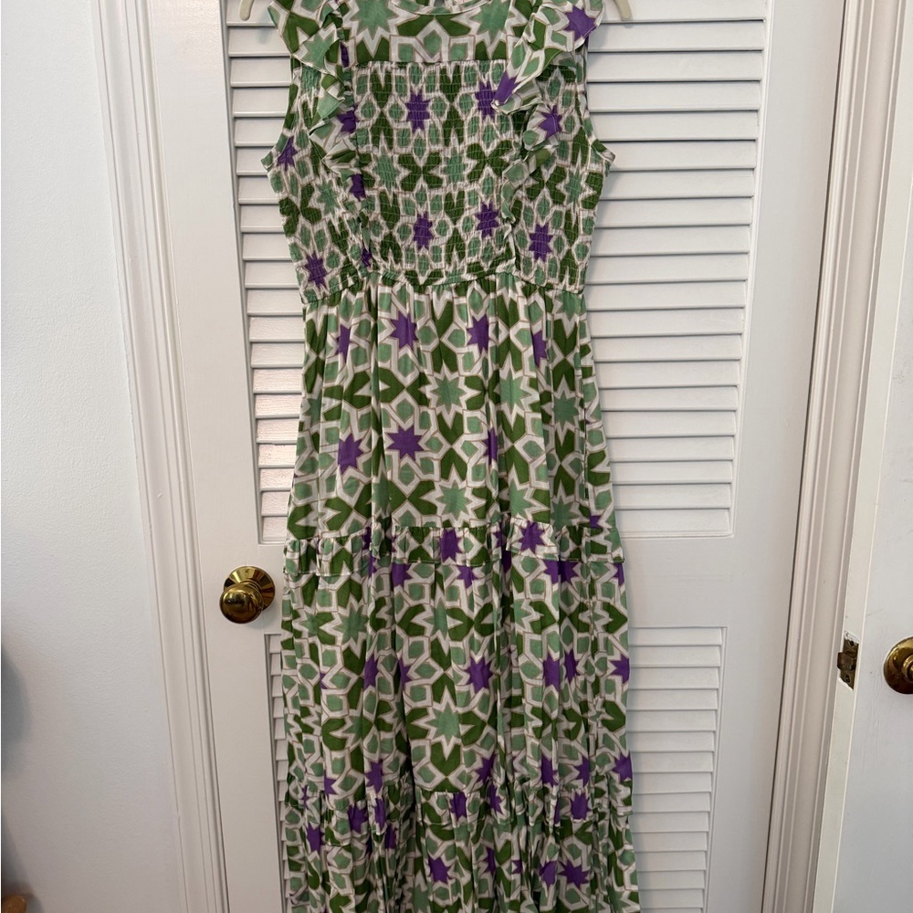 Banjanan Green & Purple Geometric Smocked Maxi Dress